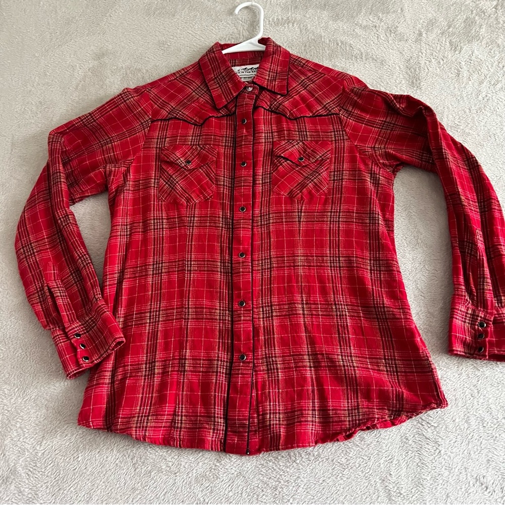 Back in the Saddle Shirt Women's Medium Pearl Snap Button Front‎ Tartan Plaid